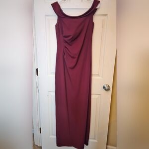 DB Studio Off the Shoulder Jersey Sheath Gown Burgundy Wine